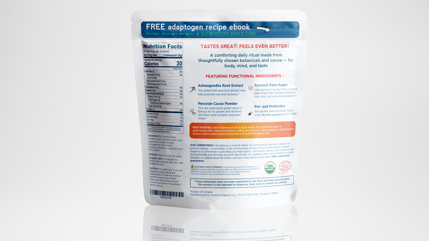 Healthy Hot Chocolate with Organic Cacao & Ashwagandha | Pre- & Probiotic Blend | 8 oz Bag