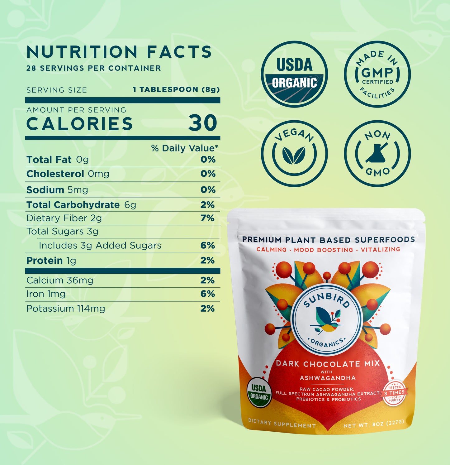 Healthy Hot Chocolate with Organic Cacao & Ashwagandha | Pre- & Probiotic Blend | 8 oz Bag